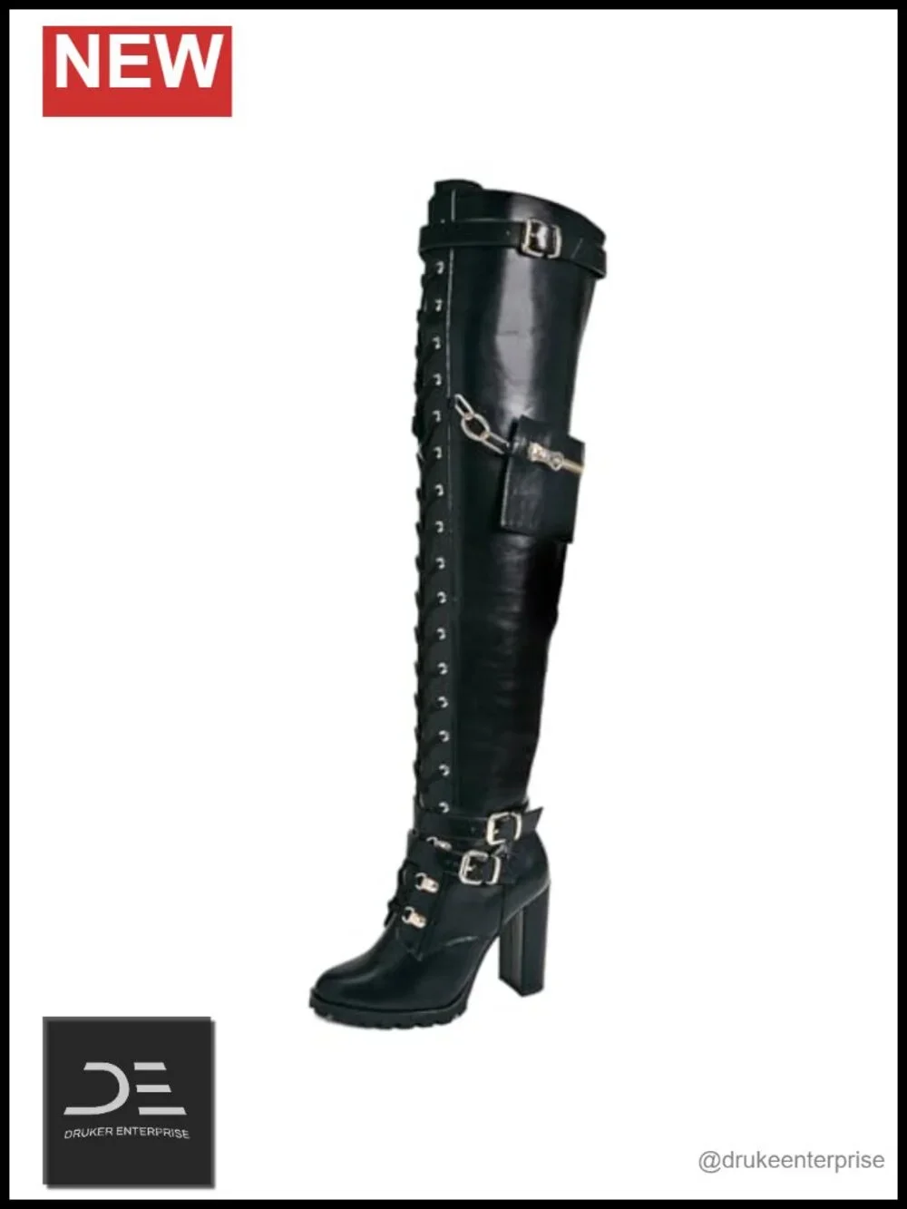 Chunky Block Heel Over the Knee Boots Lace Up Combat Riding Boots Side Zipper